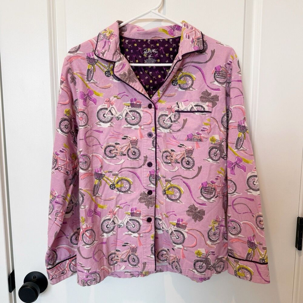 Nick & Nora Pink Bicycle‎ Flannel Pajama Button Top Size Medium Cozy Warm Soft